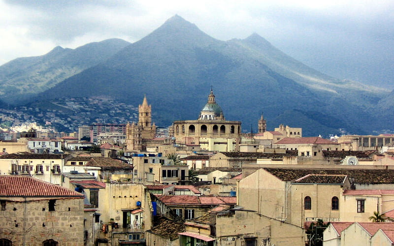 old palermo in sicily, mountain, cathedral, city, mist, HD wallpaper