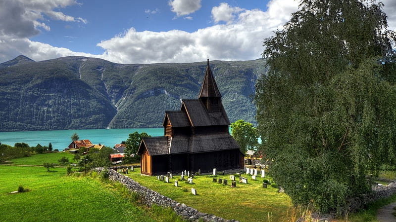 church in norway countryside r, cemetery, mountains, village, r, church, lake, HD wallpaper