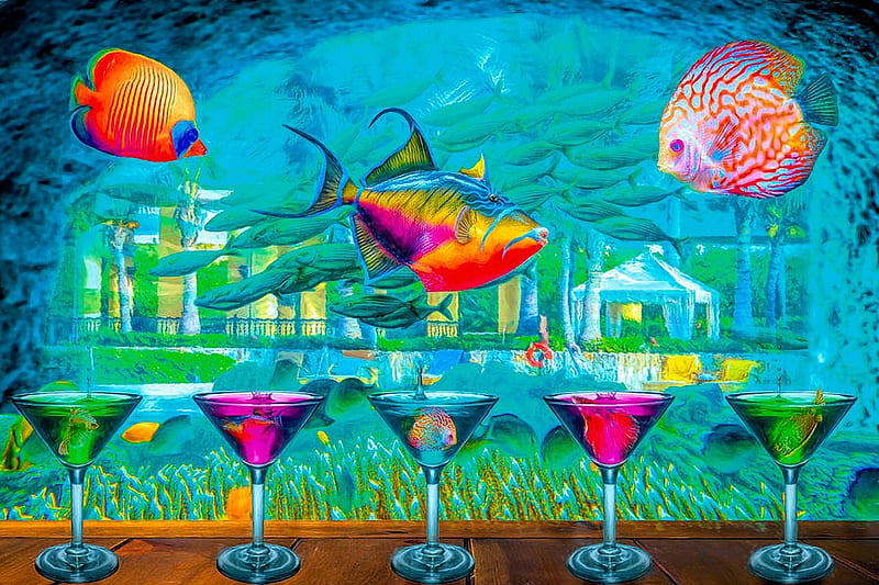 The Reef Martini Bar, glasses, fish, artwork, drinks, painting, HD wallpaper