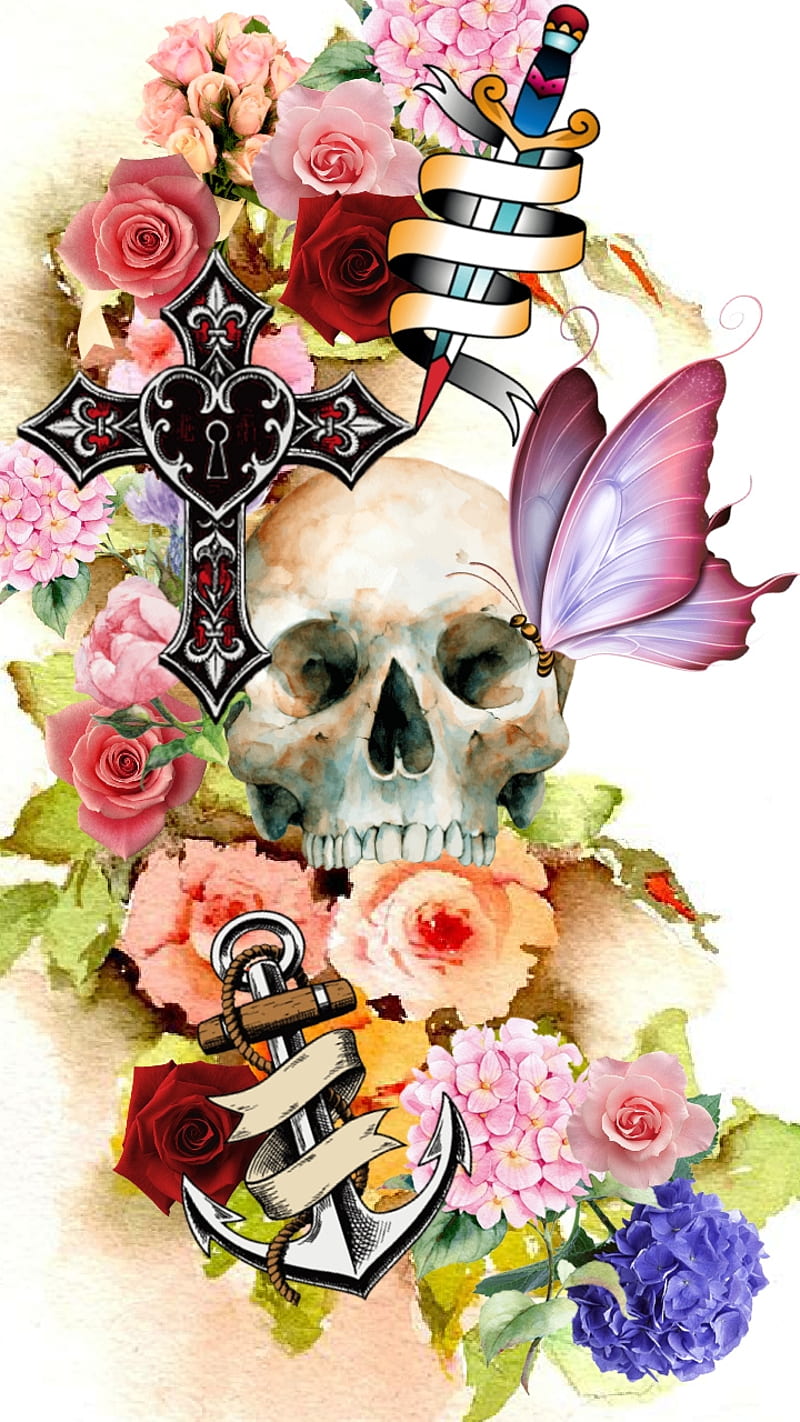 Dead Day, anchor, butterfly, heart, love, skull, sugar, vross, HD phone wallpaper