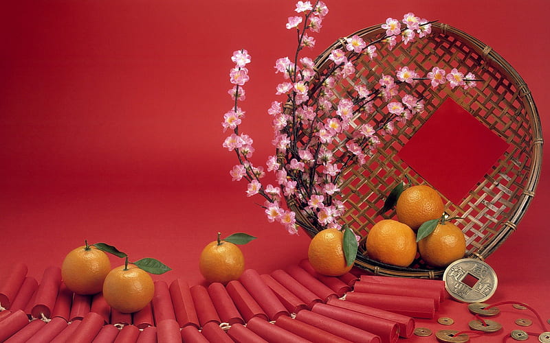 Happy Chinese New Year!, red, orange, silver, fruit, green, fireworks, pink, money, decoration, new year, coin, happy, leaf, basket, orchid, flower, chinese, HD wallpaper