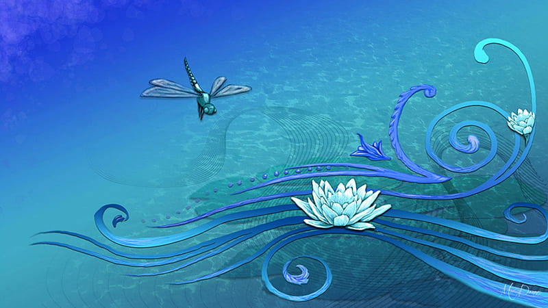 Dragonfly Lily Pond Abstract, ripple, lilies, swirls, lake, pond, water, dragonfly, lily, blue, HD wallpaper