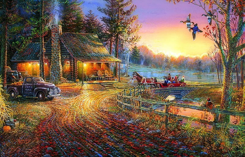 Autumn Ride, rural, colorful, lakes, fall season, autumn, love four seasons, attractions in dreams, countryside, leaves, paintings, sunsets, nature, cabins, carriages, HD wallpaper