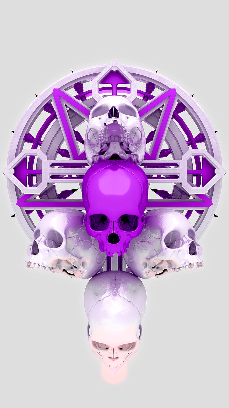 Ceremonial Skulls Purp, 3d, TetriTek, cross, goth, gothic, pentagram, purple, ritual, skull, white, HD phone wallpaper