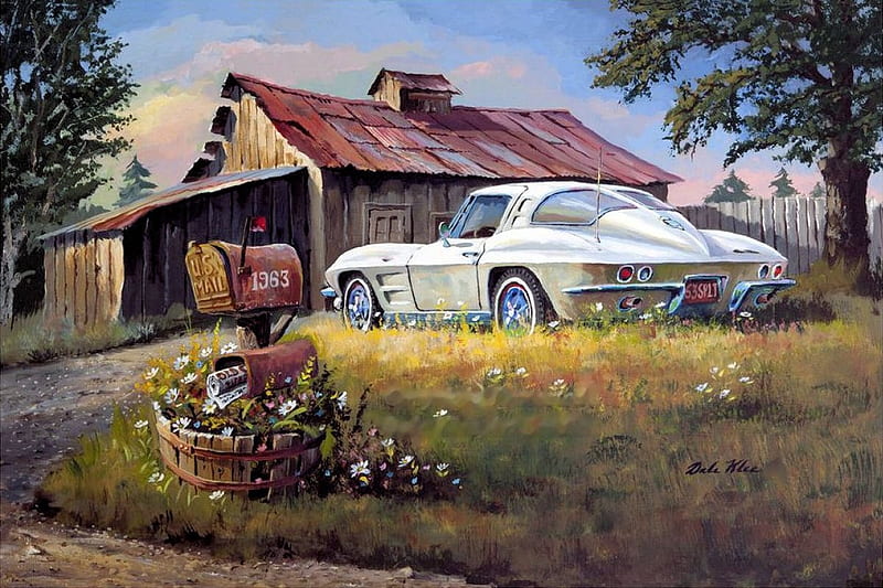 Split Window, car, fence, tree, painting, flowers, shed, artwork, HD wallpaper