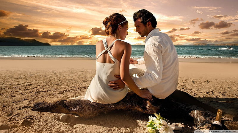 honeymoon, beach, flowers, clouds, couple, sea, HD wallpaper