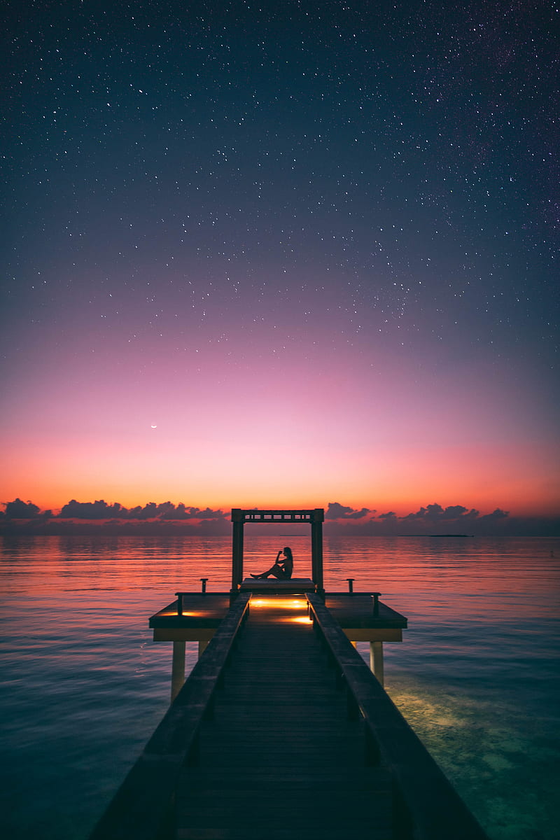 pier, silhouette, loneliness, twilight, starry sky, HD phone wallpaper