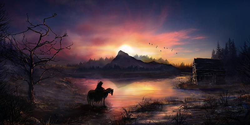 Warrior Horse Birds Flying Sunrise Landscape View, warrior, horse, fantasy, artist, artwork, digital-art, HD wallpaper