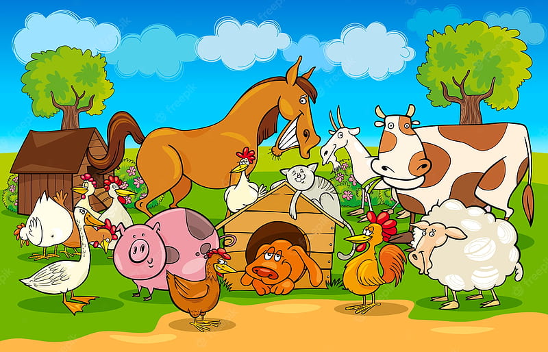 Premium Vector. Cartoon rural scene with farm animals, HD wallpaper | Peakpx