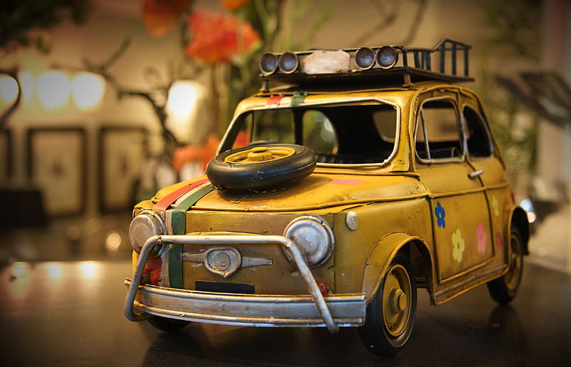Old classic car toy, model, car, toy, yellow, classic, old, HD wallpaper