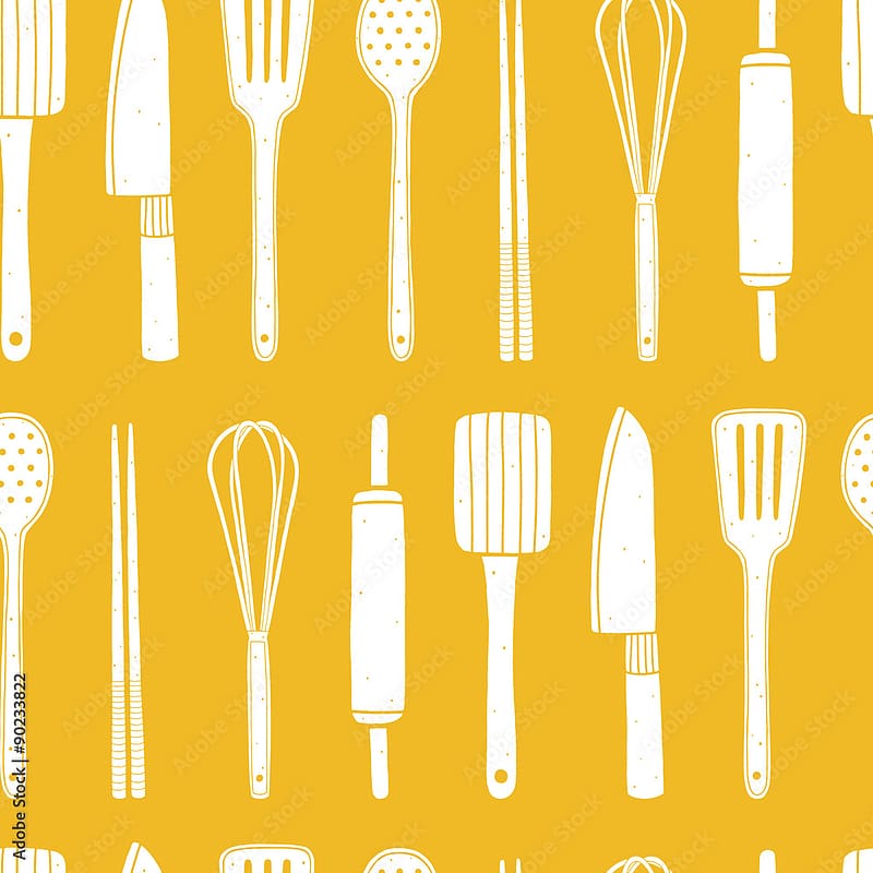 Yellow seamless pattern with kitchen utensils. Cooking vector repeating background for kitchen fabrics, paper napkins, . Pattern is cropped with clipping mask Stock Vector, HD phone wallpaper
