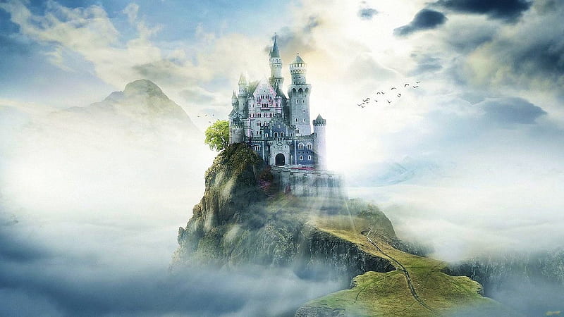 Fantasy Castle, mountain, clouds, towers, fog, sky, HD wallpaper