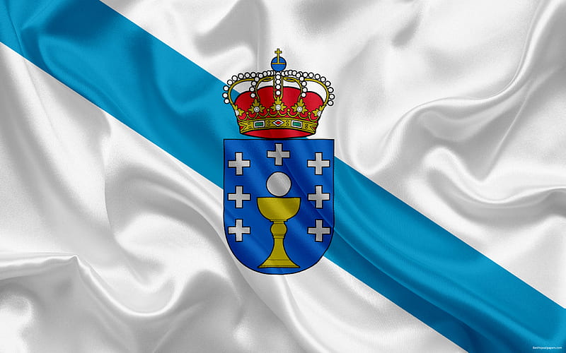 Flag of Galicia, autonomous community, province, Spain, silk flag, Galicia coat of arms, HD wallpaper