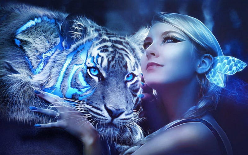 blue tiger, beauty, tiger, girl, blue, HD wallpaper