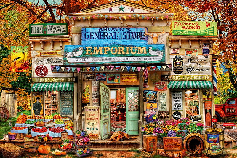 The General Store, autumn, fruits, digital, flowers, trees, vegetables, dog, art, car, vintage, HD wallpaper