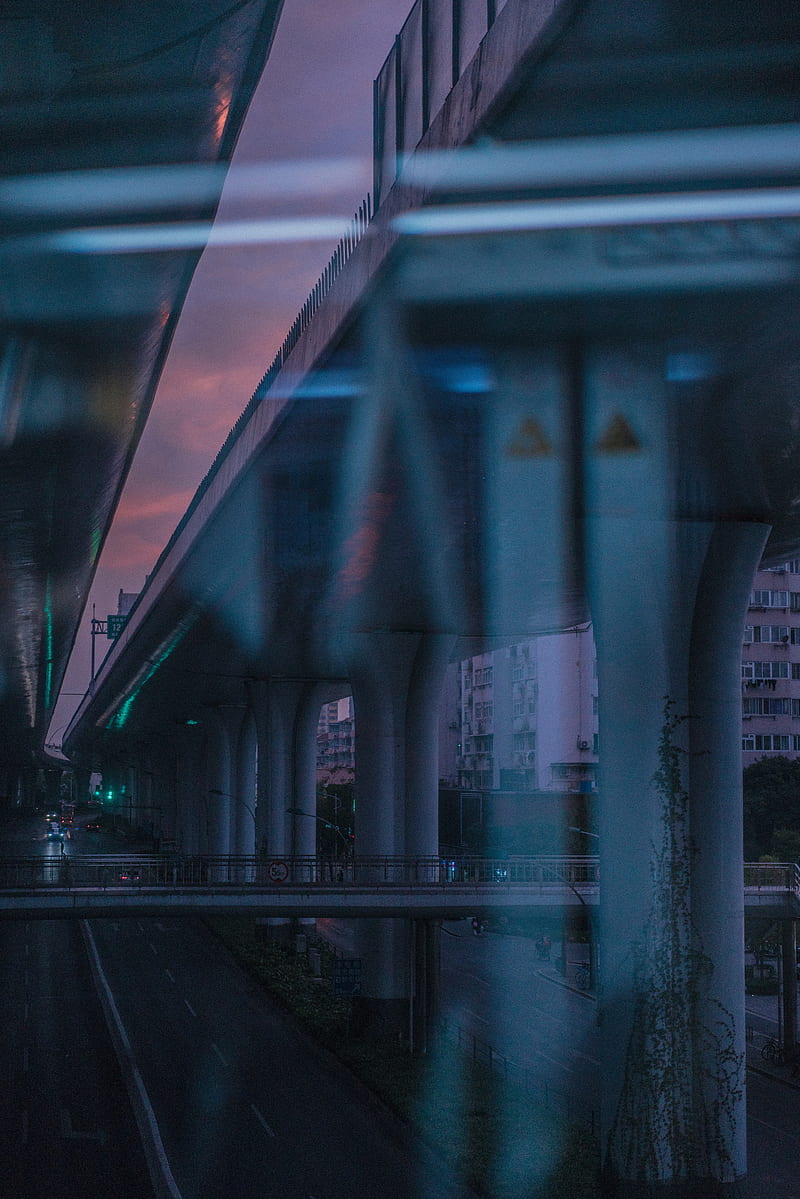 bridge, road, speed, city, dusk, HD phone wallpaper