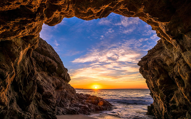 Malibu and sea cave, Waves, Ocean, California, Sunset, beach, HD wallpaper