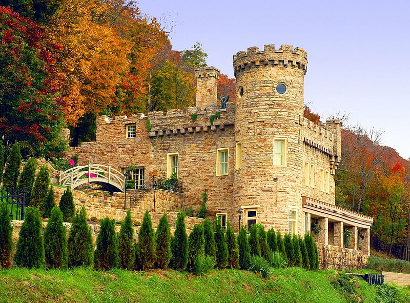 Berkeley Springs Castle, West Virginia, building, fall, leaves, ancient, colors, trees, HD wallpaper