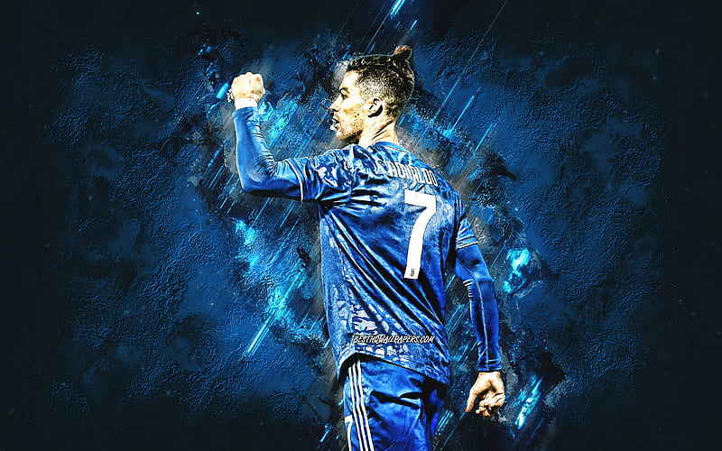 Cristiano Ronaldo, CR7, Juventus FC, blue stone background, Portuguese footballer, portrait, blue Juventus uniform, Champions League, Serie A, football, Juventus, HD wallpaper