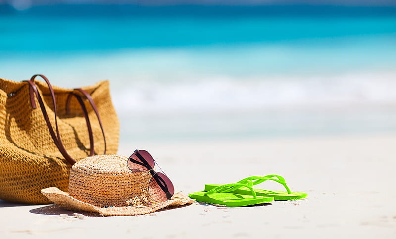 Summer Beach, Sea, Bag, Hat, Flip flops, Sand, HD wallpaper