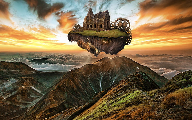 Floating Island, Mountains, Steampunk, Floating, House, Fantasy, Sunset,  Island, HD wallpaper | Peakpx