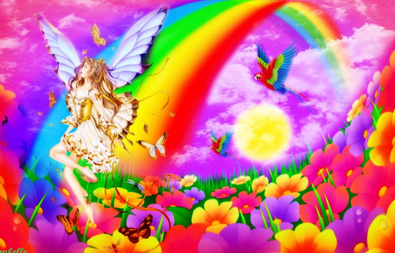 Over the Rainbow , Rainbow, Butterflies, Fields of Flowers, Fantasy, Fairy, Clouds, Sun, Colors, moon, Parrots, HD wallpaper
