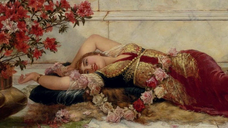 A Languid Harem Beauty by Emile Eisman-Semenowsky, red, Emile Eisman-Semenowsky, dress, rose, odalisque, yellow, woman, lazy, painting, beauty, pink, art, necklace, golden, smile, A Languid Harem Beauty, tree, girl, flower, white, HD wallpaper