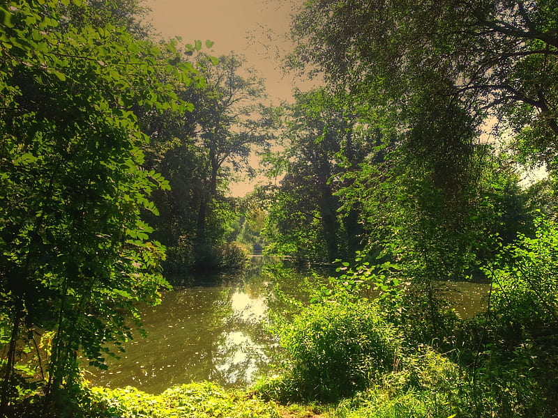 hidden entrance, nature, sky, green, lake, HD wallpaper
