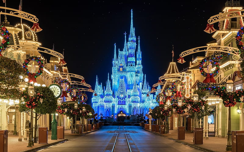 Disneyland, castle, Christmas, Walt Disney, Paris, France, Marne la Vale,  neon illumination, HD wallpaper