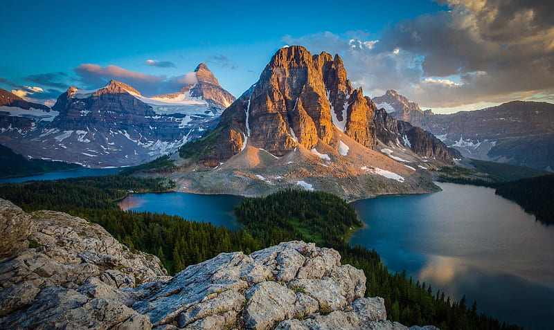 Mount Assiniboine, Banff National Park, mountain, forest, Canada, bonito, sunrise, clouds, lake, snowy peaks, HD wallpaper