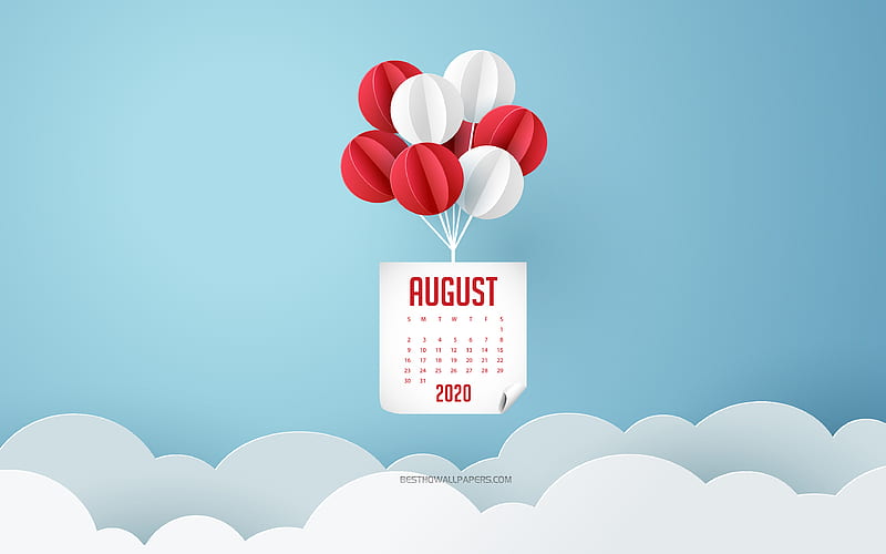 2020 August Calendar, blue sky, white and red balloons, August 2020 Calendar, 2020 concepts, 2020 summer calendars, August, HD wallpaper