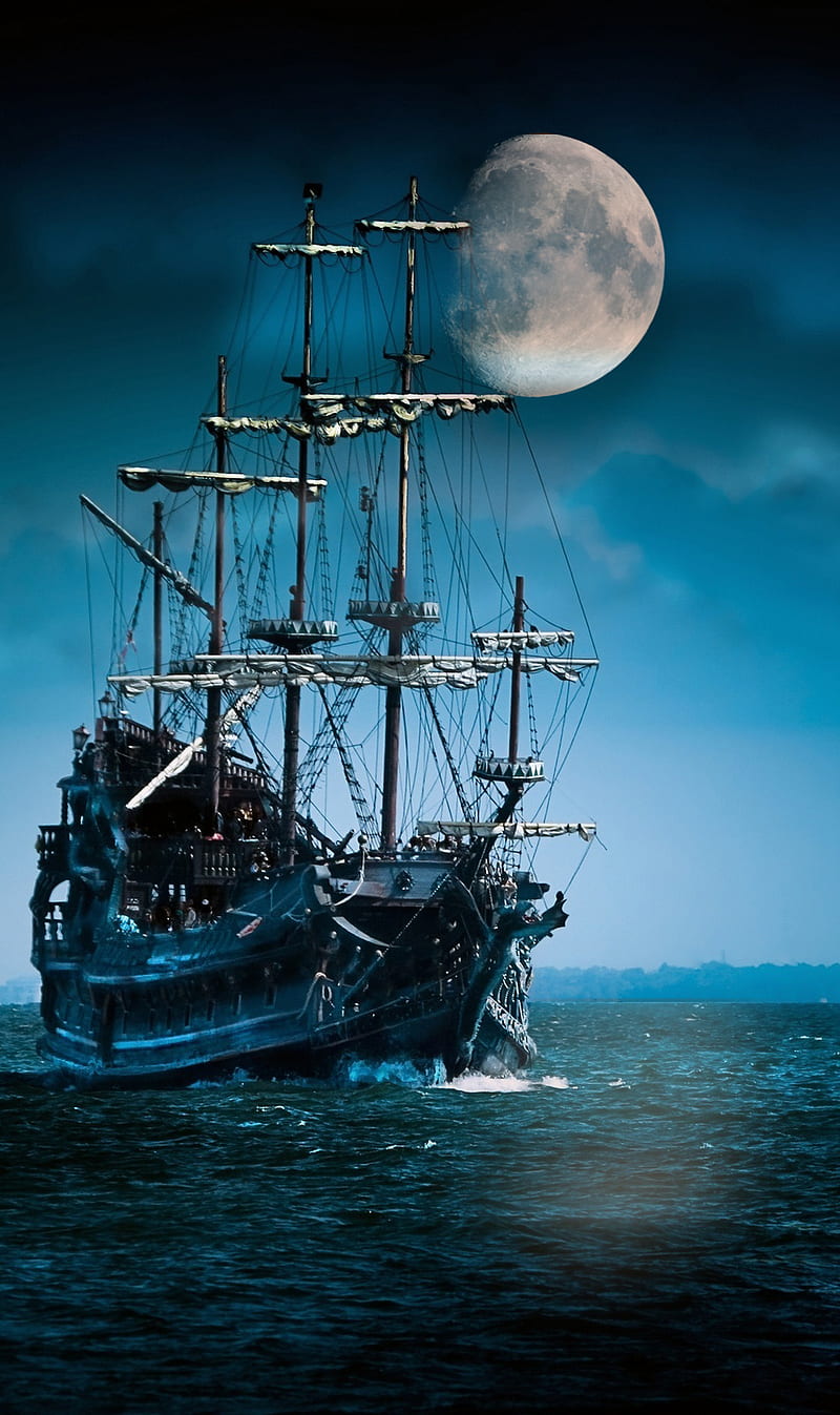 Sailboat, boats, clouds, dark, moon, moonlight, ocean, sailing, ship, HD phone wallpaper