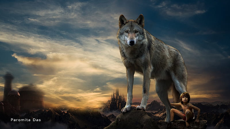 The wolf, mowgli, paromita das, fantasy, boy, lup, wolf, HD wallpaper ...