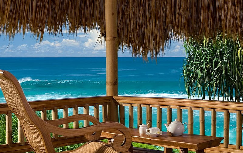 Sea breeze, hut, saucer, surf, bonito, straw, teapot, beach, chair, rocker, wood, table, waves, sky, railings, cup, plate, tropical, wooden, HD wallpaper