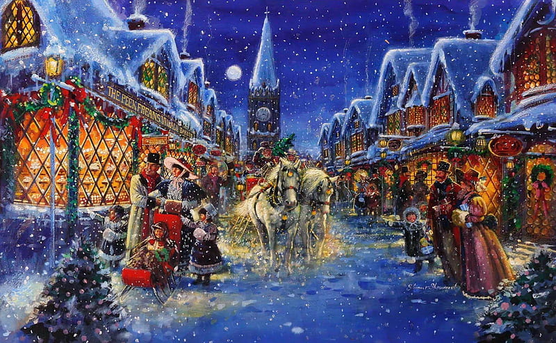 Christmas town, bonito, people, painting, village, frost, street, art, holiday, christmas, town, fun, sky, joy, mood, winter, snow, snowflakes, snowfall, HD wallpaper