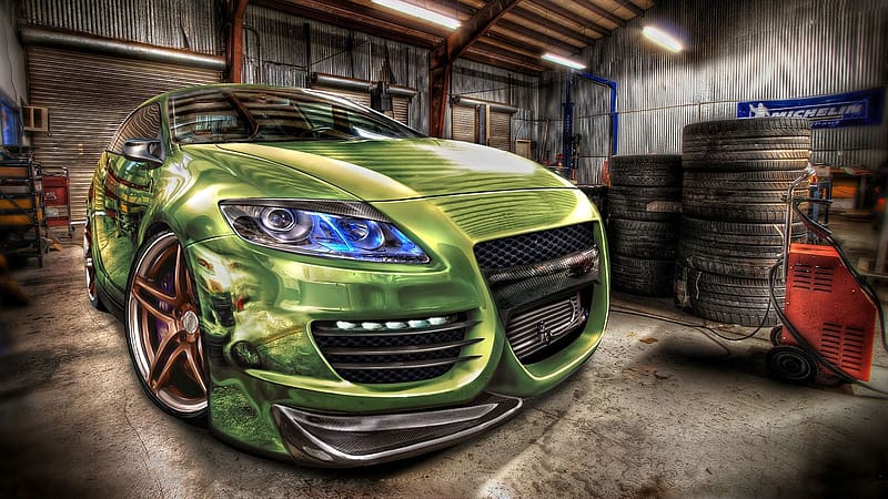Honda, , , Garage, Green Car, Fisheye, HD wallpaper