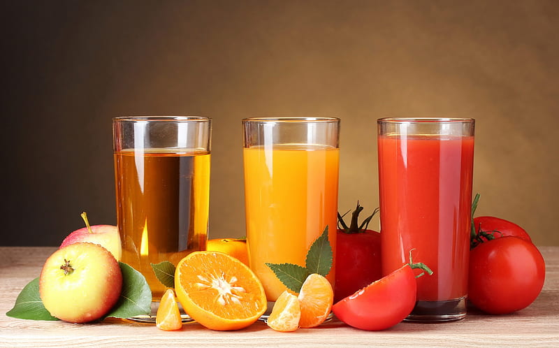 Juices, Glasses, Tomatoe, Apples, Orange, Table, HD wallpaper