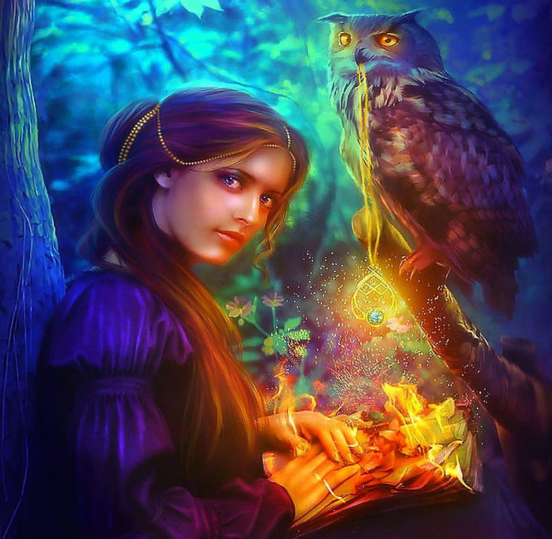 The Spell, witch, owl, girl, amulet, bonito, woman, spell, HD wallpaper