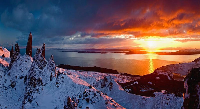 Winter Dream, clouds, snow, sun, mountains, Scotland, sea, HD wallpaper