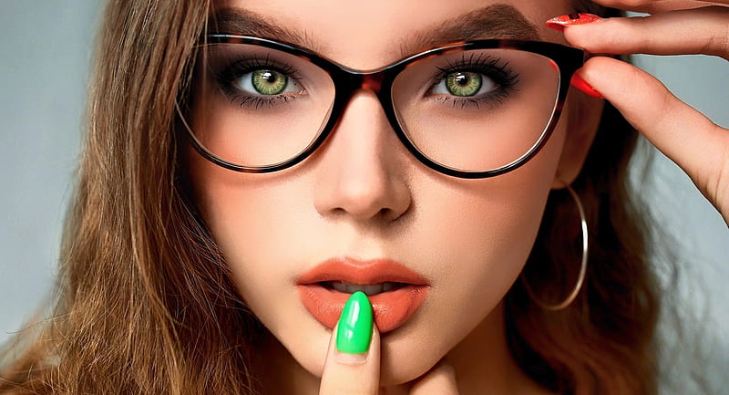 Shhhh, Glasses, Brunette, Shhh, Green Nails, bonito, HD wallpaper