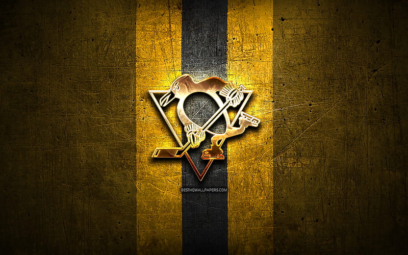Pittsburgh Penguins, golden logo, NHL, yellow metal background, american hockey team, National Hockey League, Pittsburgh Penguins logo, hockey, USA, HD wallpaper