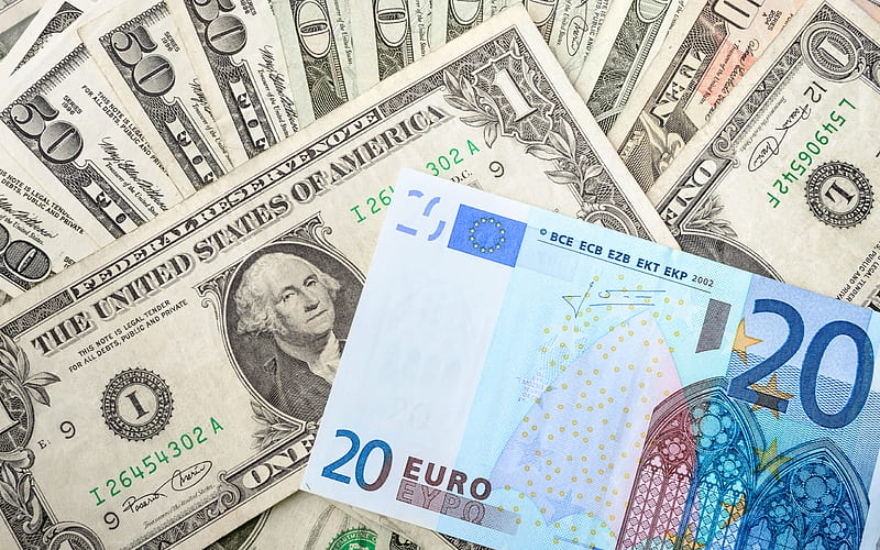money background, finance, american dollars, 20 euro, banknotes, 1 dollar, money concepts, HD wallpaper