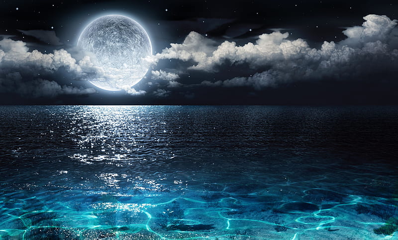 Fantasy Moon, sky, planet, sea, water, clouds, night, HD wallpaper