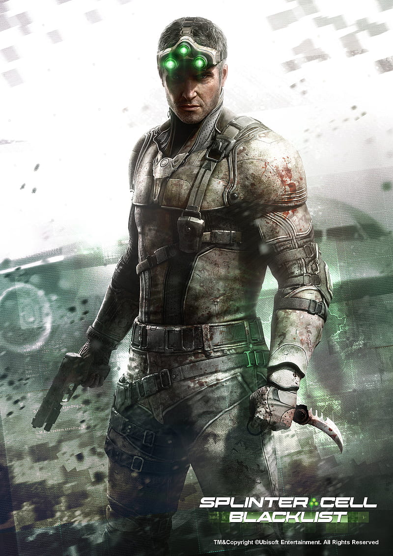 Sam Fisher, Sam, Splinter Cell, concept art, video game art, green eyes, Tom Clancy's Splinter Cell: Blacklist, video games, Karambit, video game characters, pistol, HD phone wallpaper