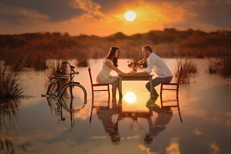 Love, table, conversation, sun, water, romance, bike, couple, HD wallpaper  | Peakpx