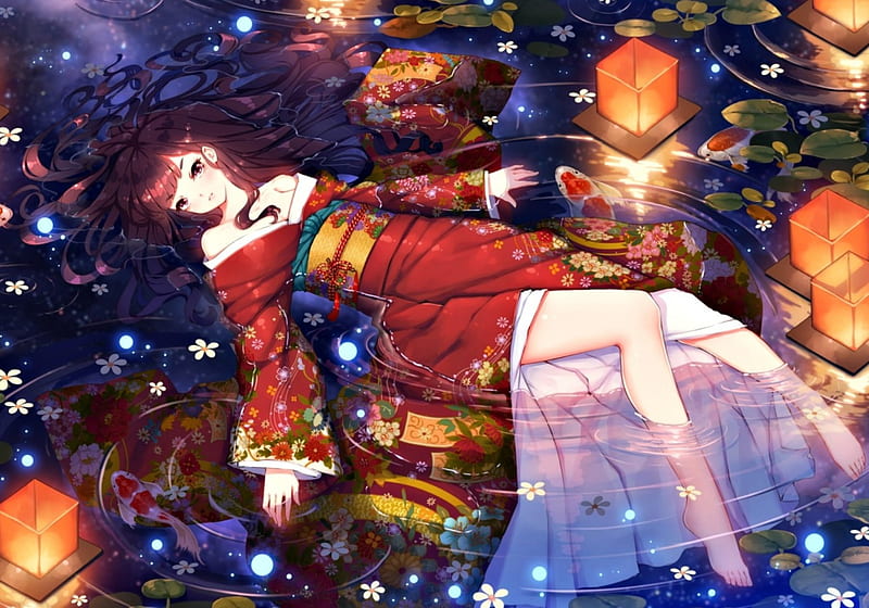Floating, red, original, lantern, luminos, orange, japanese, manga, kimono, water, girl, fangxiang cuoluan, anime, blue, night, HD wallpaper