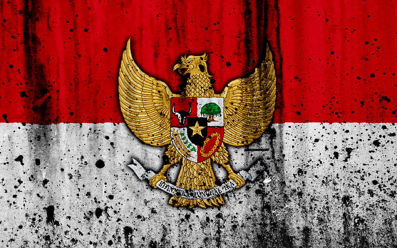 Indonesian flag grunge, flag of Indonesia, Asia, Indonesia, national symbols, coat of arms of Indonesia, Indonesian coat of arms, Indonesia national emblem, HD wallpaper