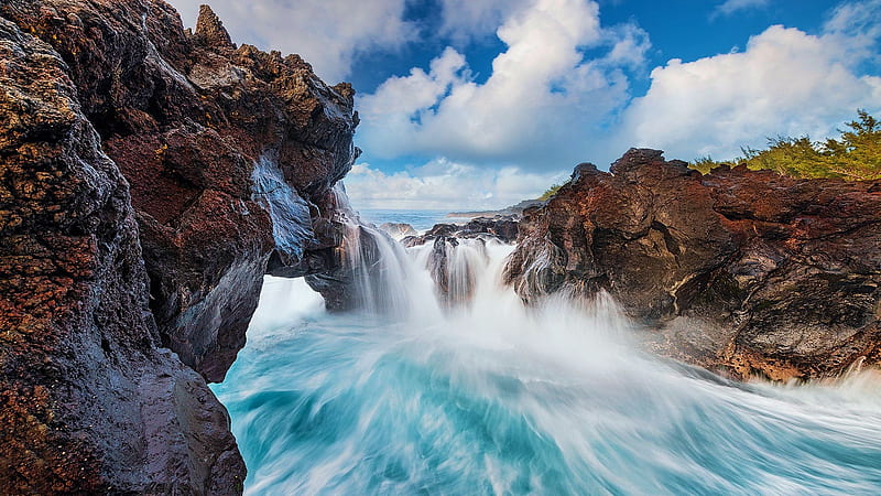 Reunion Island, Indian Ocean, rocks, falls, clouds, sky, ocean, HD wallpaper