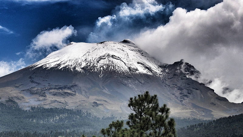 amazing volcano scape, volcano, trees, clouds, snow, HD wallpaper