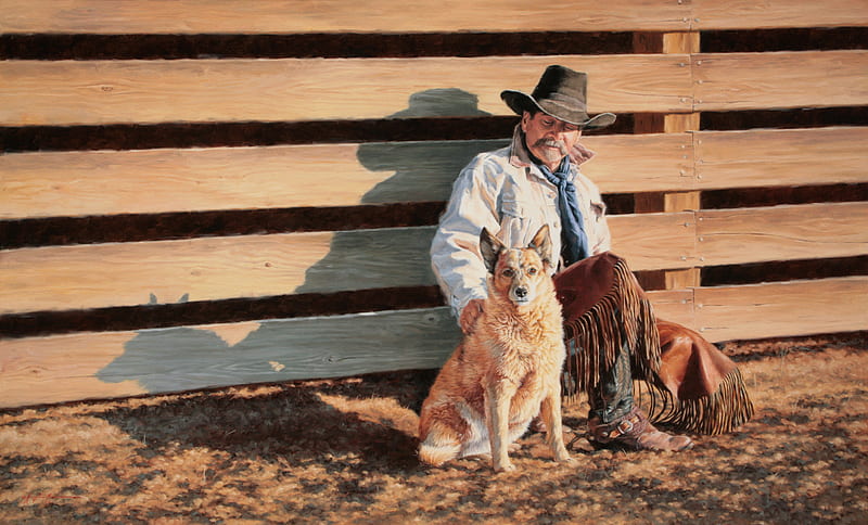 A Cowboy And His Friend, fence, spurs, friend, boots, chaps, cowboy hat, painting, cowboy, dog, HD wallpaper